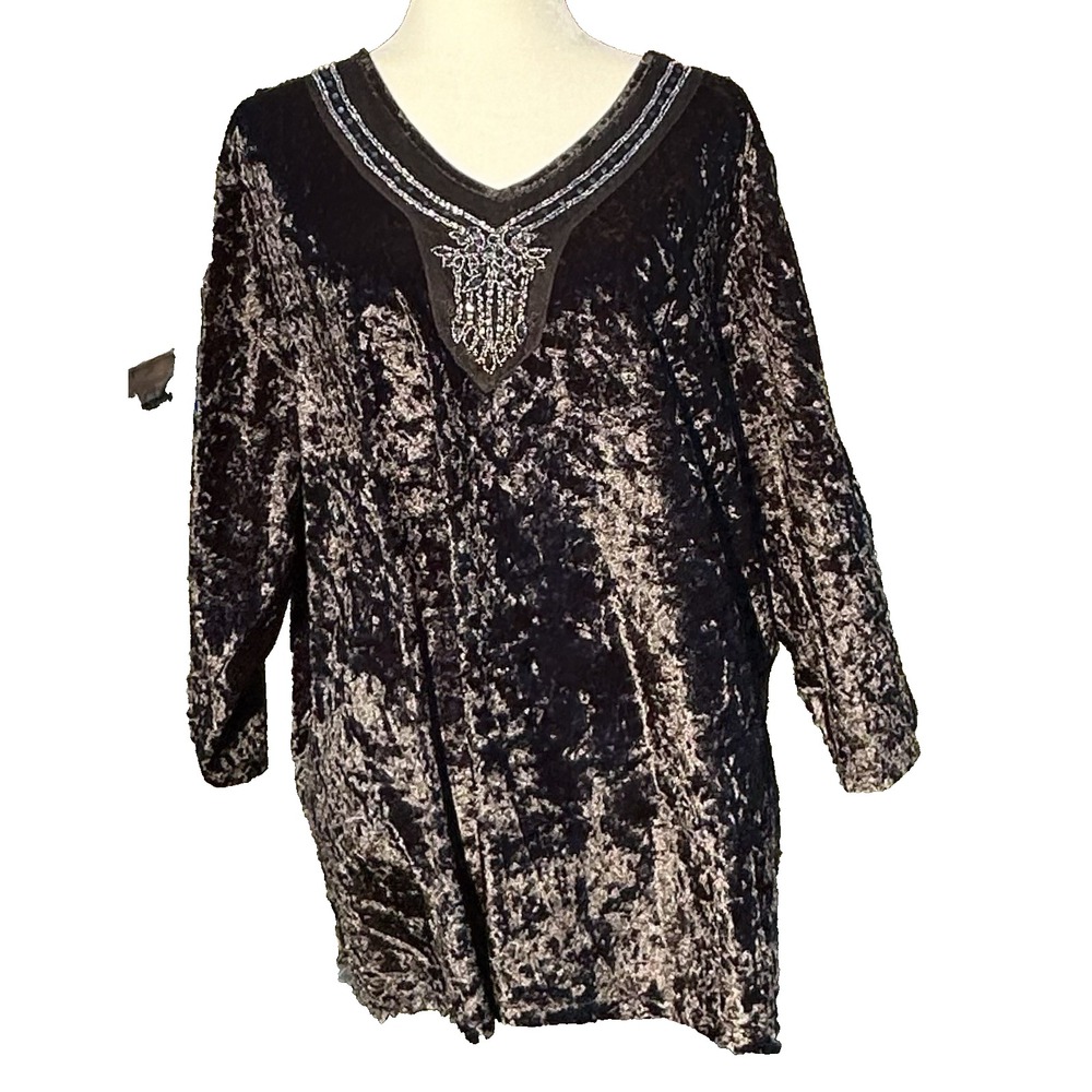 CJ BANKS Velvet Embellished V-Neck Top‎ Women's 2X Black Metallic Stretch Blouse